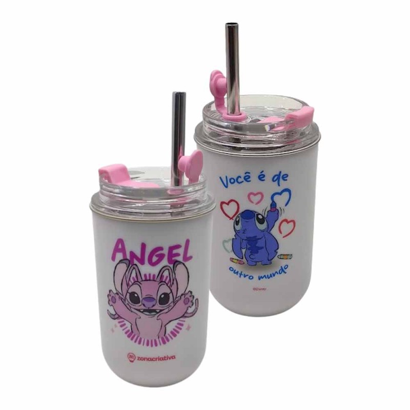 COPO COM CANUDO MODELO STITCH E ANGEL NAMORADOS EM PLÁSTICO 300ML REF: 10026386 COPO COM CANUDO MODELO STITCH E ANGEL NAMORADOS EM PLÁSTICO 300ML REF: 10026386