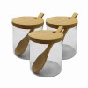 KIT DE 3 POTES PORTA CONDIMENTO DE VIDRO CONTENDO TAMPA E BASE EM BAMBU: APW88-3 KIT DE 3 POTES PORTA CONDIMENTO DE VIDRO CONTENDO TAMPA E BASE EM BAMBU: APW88-3