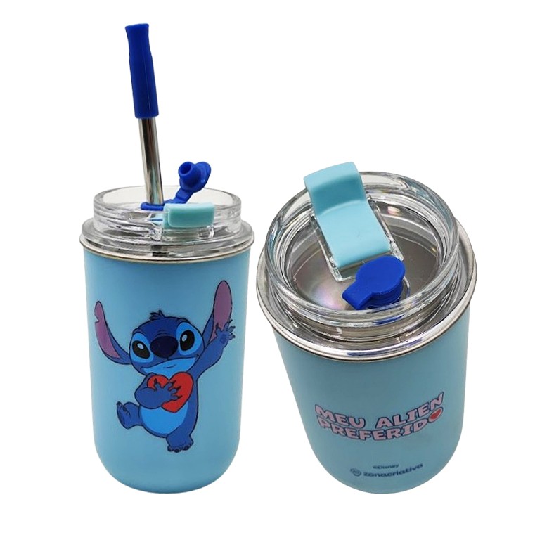 COPO NEO COM CANUDO MODELO STITCH NAMORADOS 300ML REF: 10025651