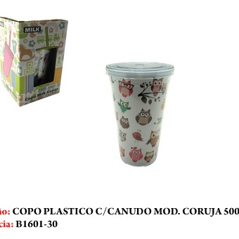 COPO PLÁSTICO C/CANUDO MOD. CORUJA 500ML
