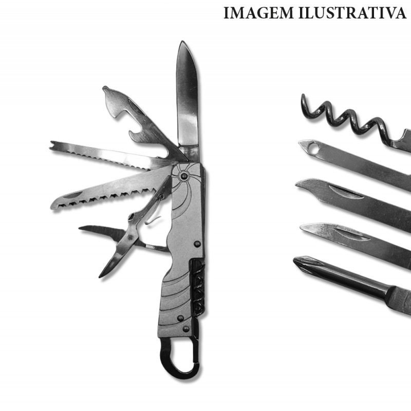 CANIVETE MOSQUETÃO COM 12 FUNÇÕES EM METAL REF: F76B CANIVETE MOSQUETÃO COM 12 FUNÇÕES EM METAL REF: F76B