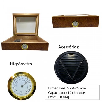 CAIXA UMIDORA EM MADEIRA MDF VISOR EM VIDRO PARA 12 CHARUTOS REF: VG12768AG CAIXA UMIDORA EM MADEIRA MDF VISOR EM VIDRO PARA 12 CHARUTOS REF: VG12768AG
