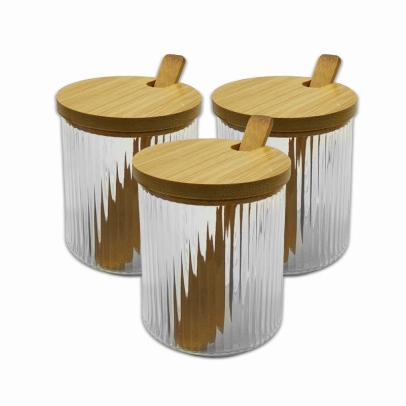 KIT 3 POTES DE VIDRO COM TAMPA E SUPORTE EM BAMBU REF: APW-3 KIT 3 POTES DE VIDRO COM TAMPA E SUPORTE EM BAMBU REF: APW-3