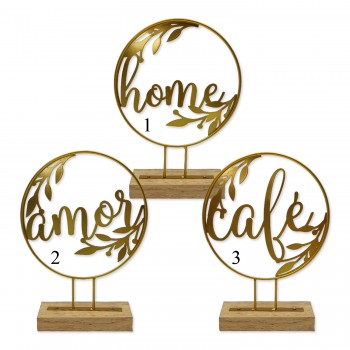 PLACA DECORATIVA DE MESA EM MADEIRA E METAL REF: APRL004GD PLACA DECORATIVA DE MESA EM MADEIRA E METAL REF: APRL004GD