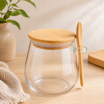 POTE DE VIDRO 650ML COM TAMPA E COLHER BAMBU REF: APE650