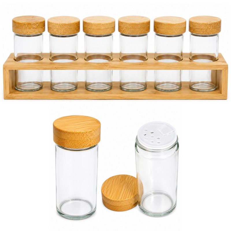 CONJUNTO 6 POTES DE VIDRO COM 1 BASE DE BAMBU REF: 7542